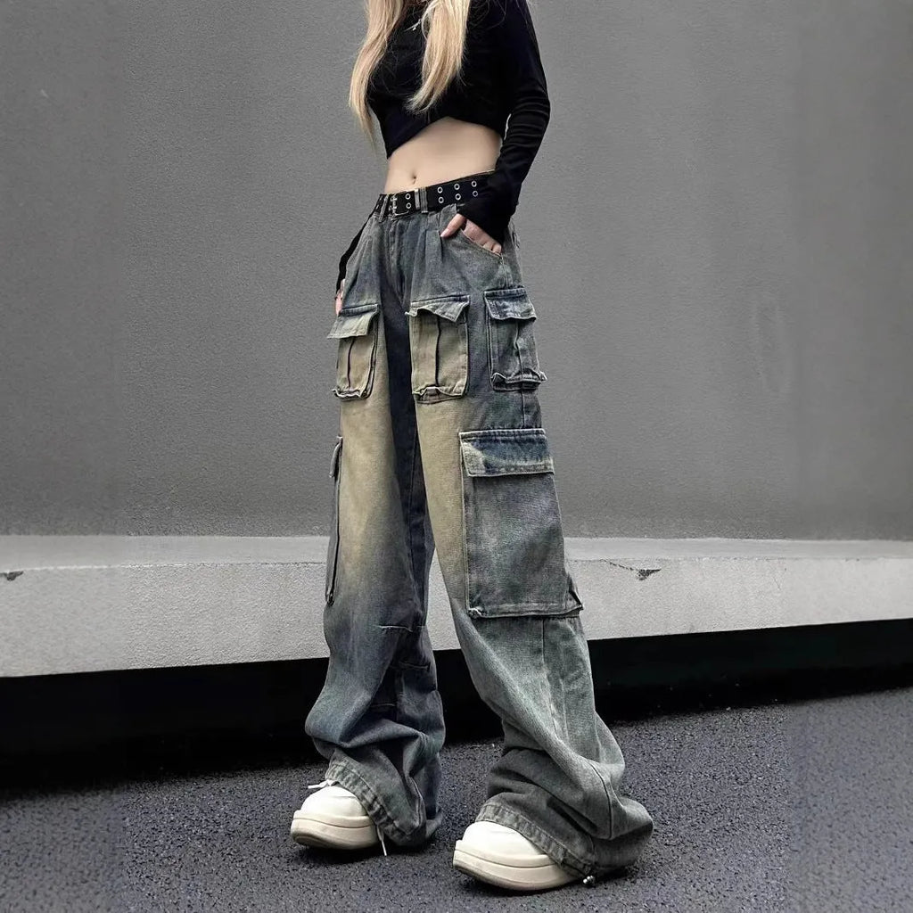 Loose straight-leg distressed jeans with multiple pockets in light blue denim fabric