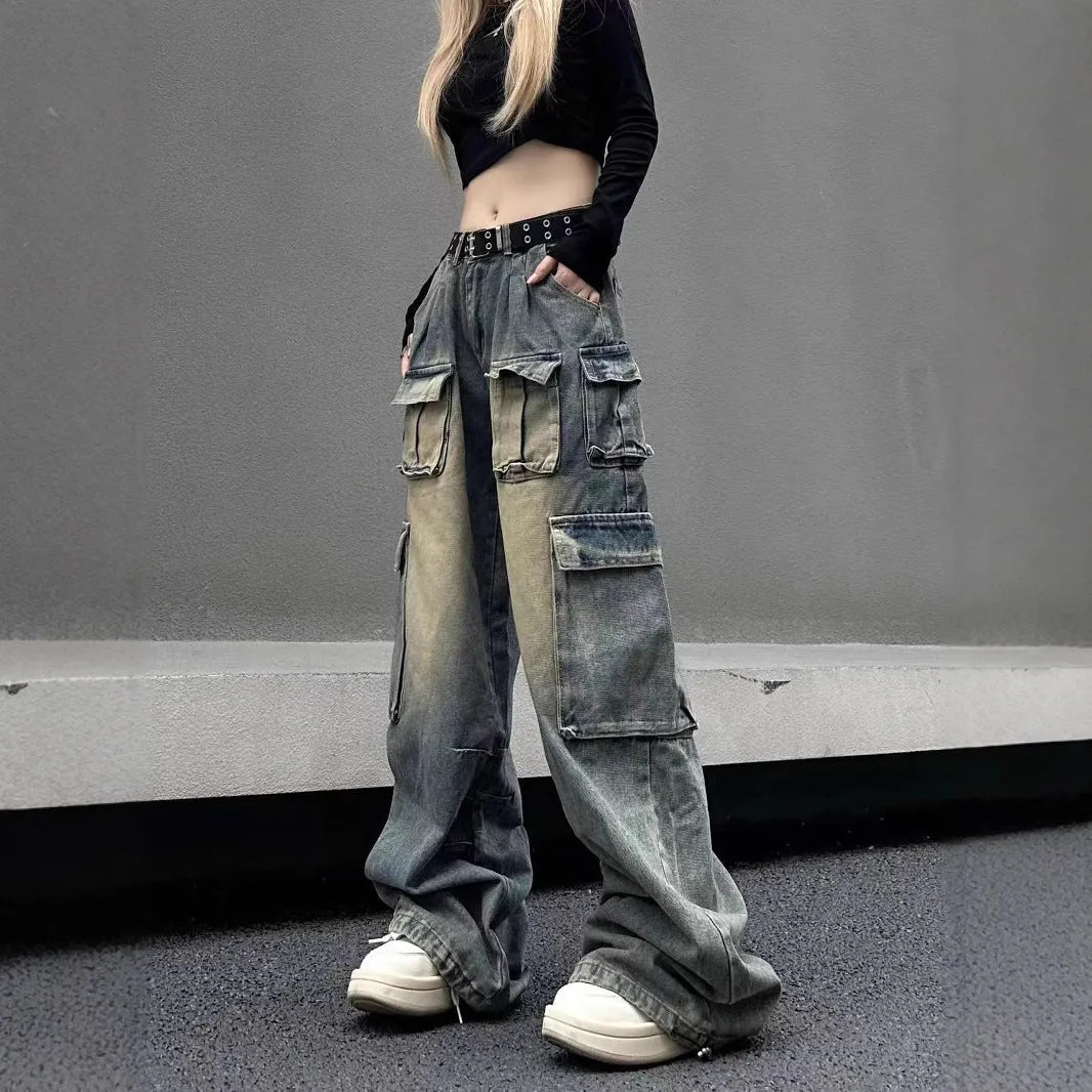 Loose straight-leg distressed jeans with multiple pockets in light blue denim fabric