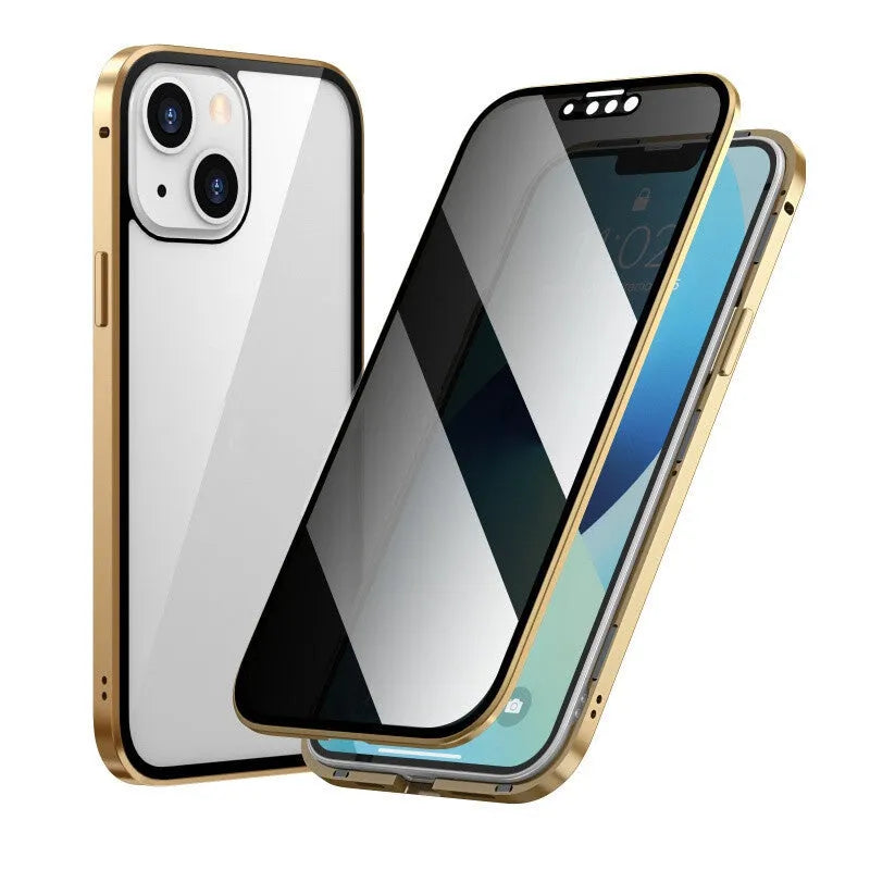 Magnetic iPhone case with metal frame in multiple colour options showing privacy-proof design