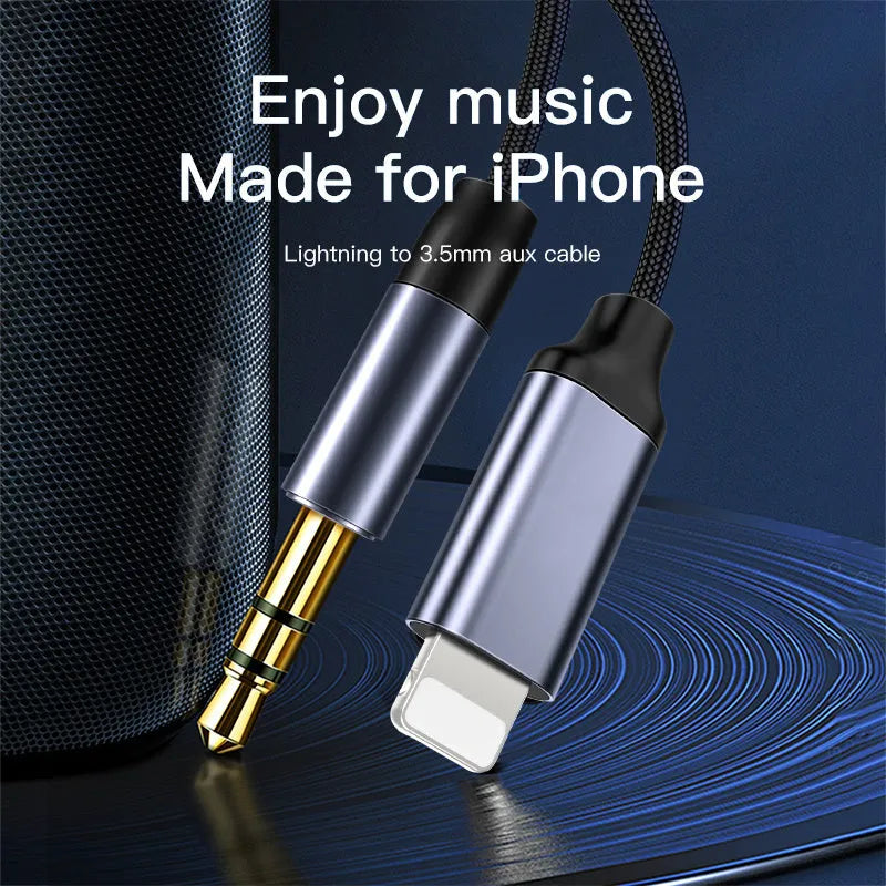Nylon braided audio cable adapter for car stereo connection in black or silver colour