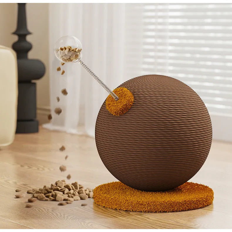 Hemp rope cat scratch board with interactive tumbler or grasping ball elements