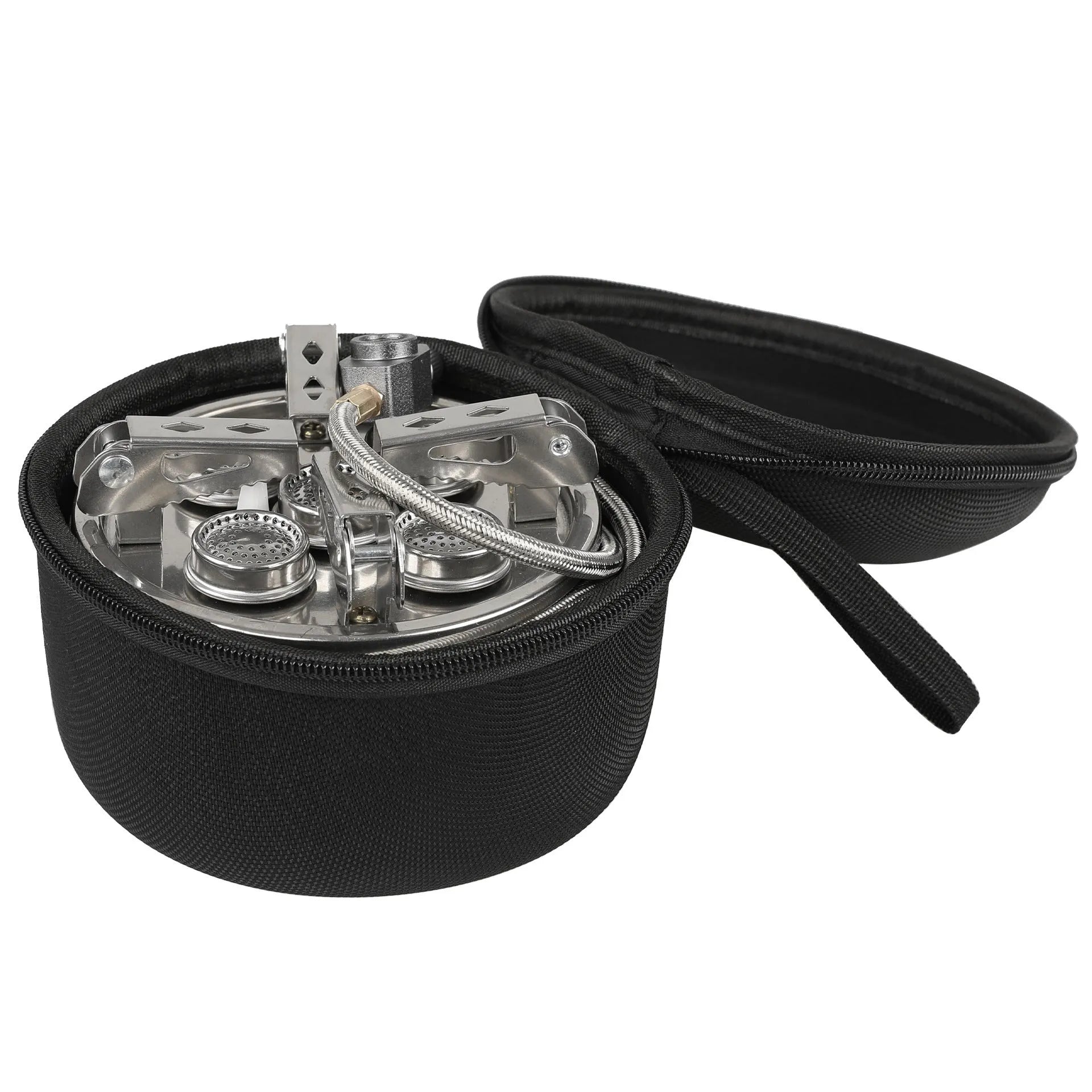 Silver portable split camping stove with fuel hose, shown folded, for outdoor picnic and backpacking.