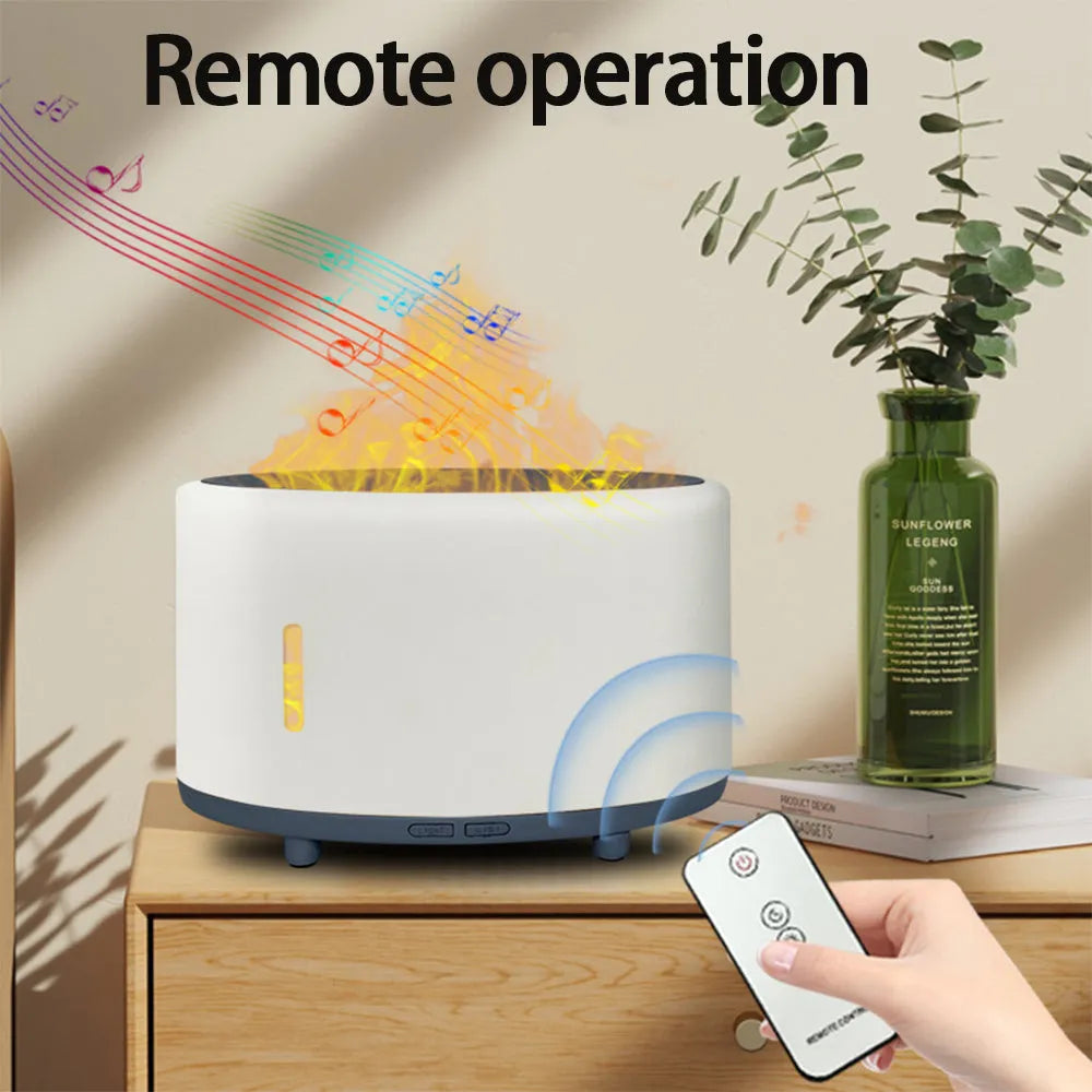 Flame humidifier with Bluetooth remote control and LED light in dark wood grain finish