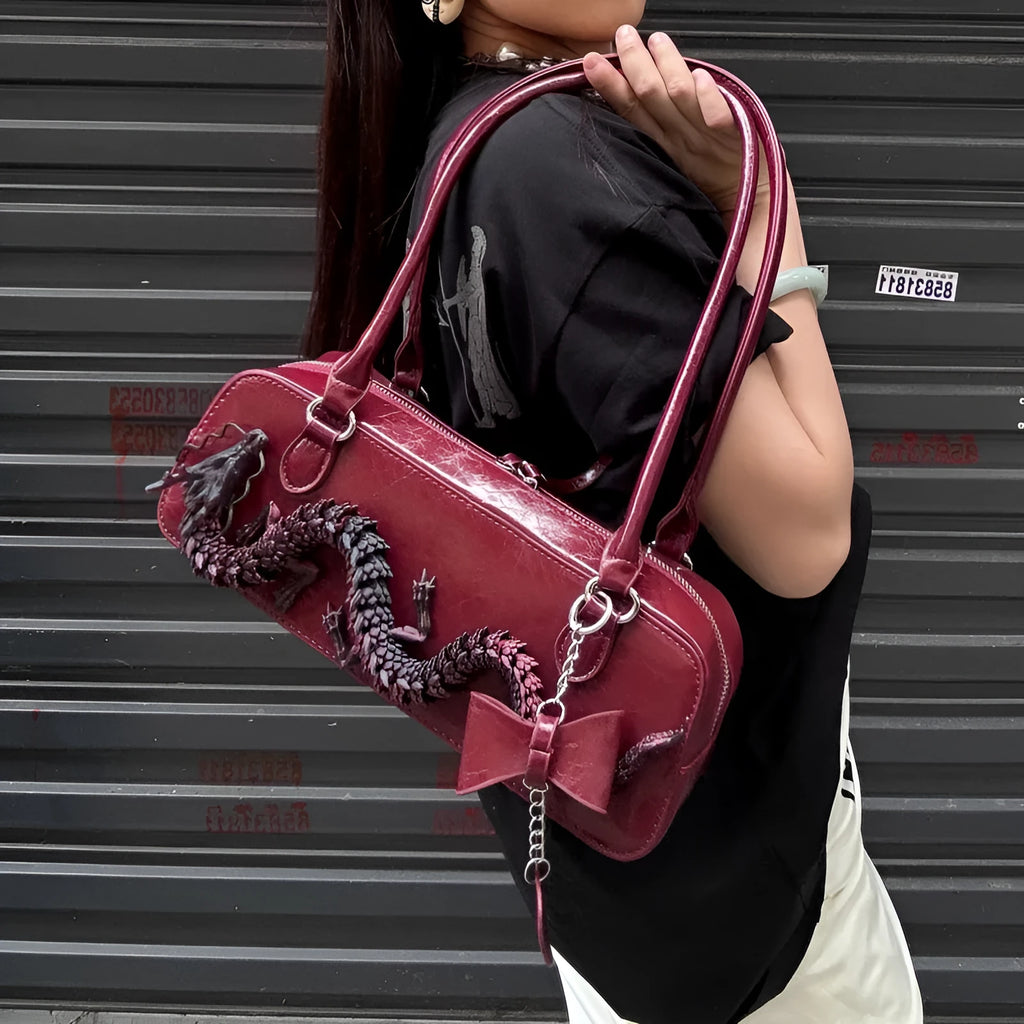 Red New Chinese style PU bowling bag with dragon design and soft carry handle