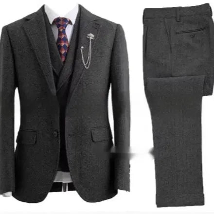 Men's slim-fit nylon three-piece suit in brown colour showing jacket, waistcoat and trousers