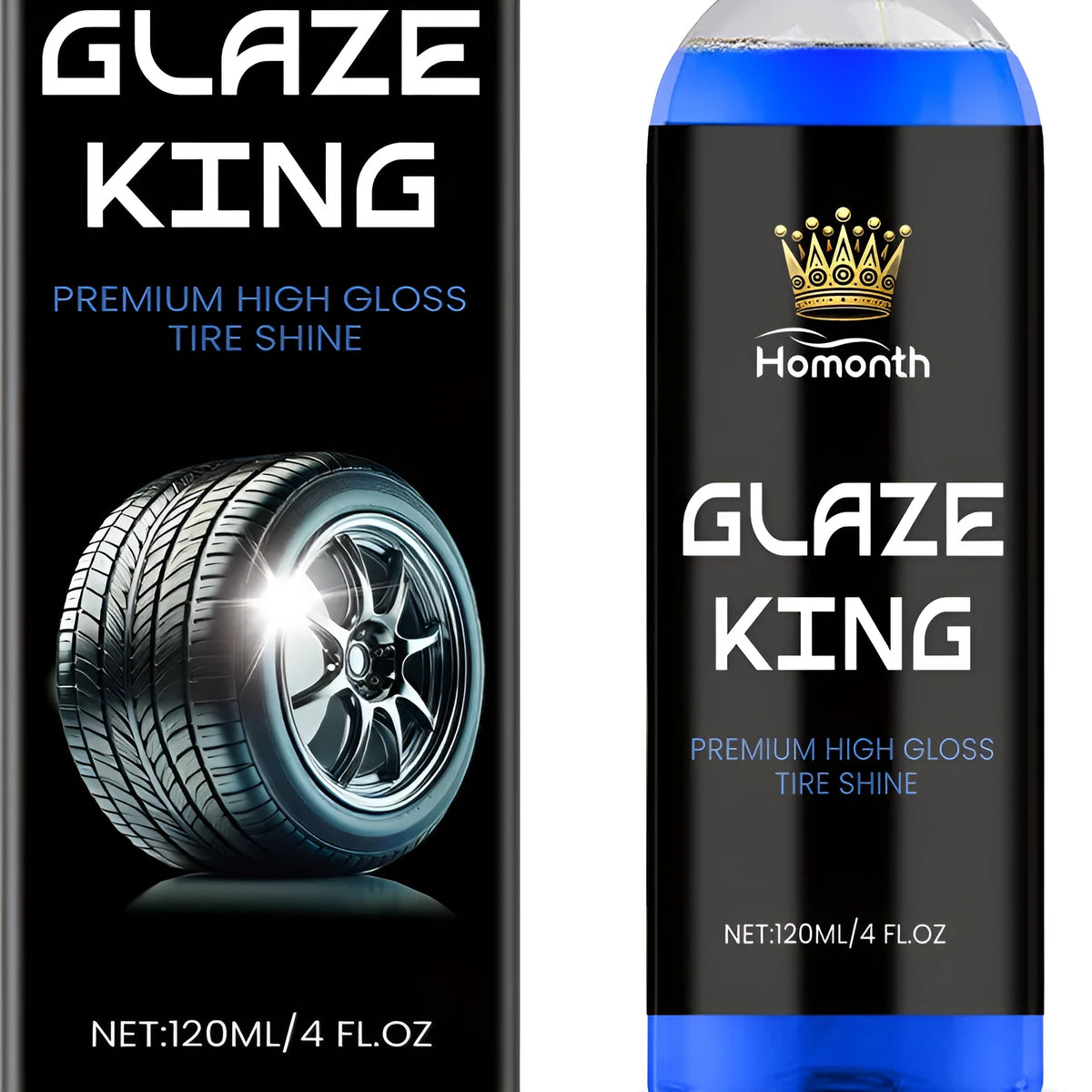 Premium High Gloss Tire Shine Spray 120ml bottle with spray nozzle on car tyre sidewall