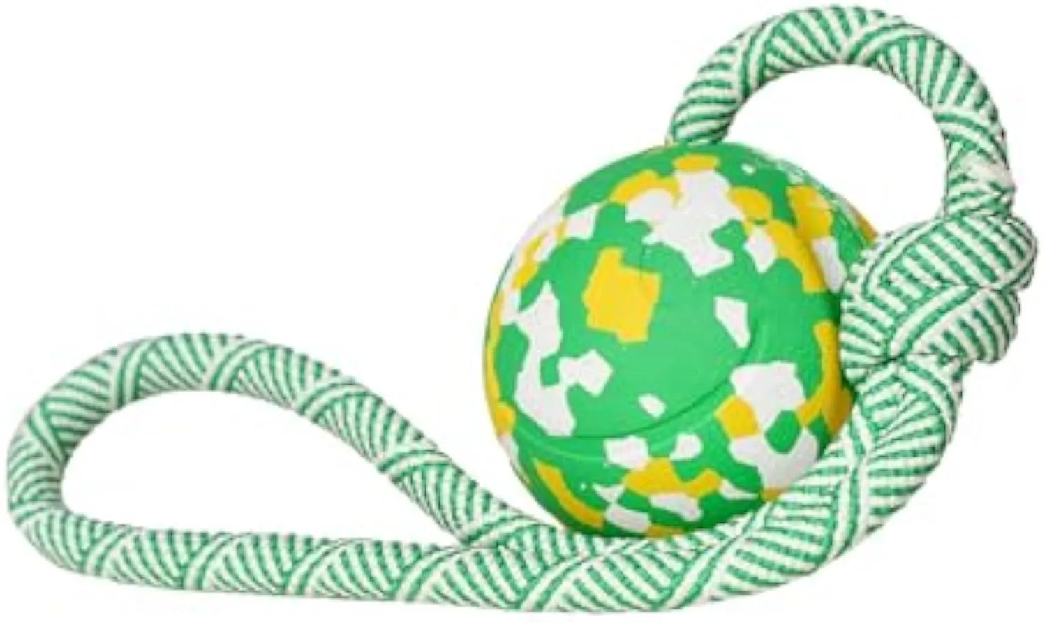 Natural rubber dog ball attached to a blue nylon rope for fetch and tug of war games.