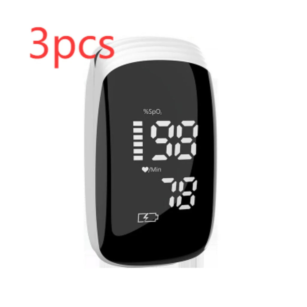 Rechargeable finger clip pulse oximeter with built-in battery, ABS body, and English manual, shown in light blue.