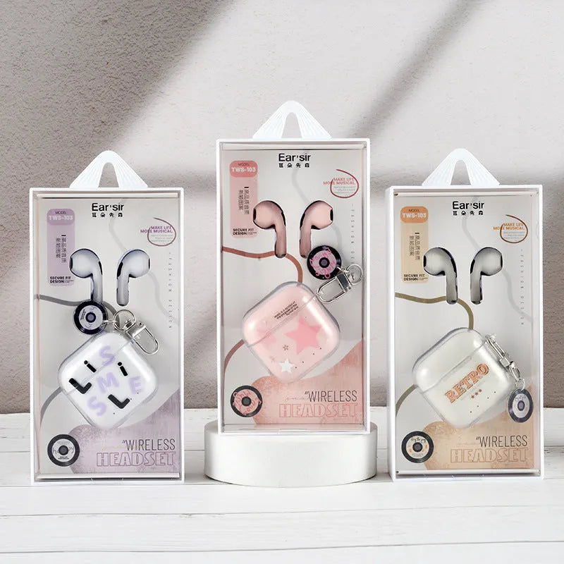 TWS-103 binaural in-ear earphones in white, pink, and purple with PC ABS build