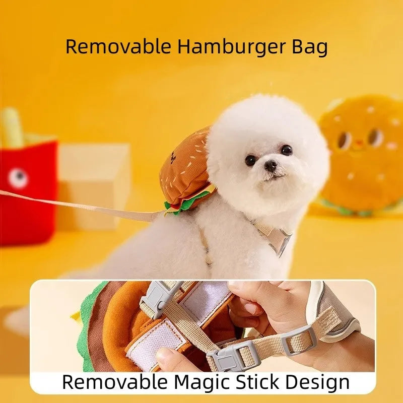 Cartoon hamburger chips design adjustable dog vest harness with walking rope in four pattern options