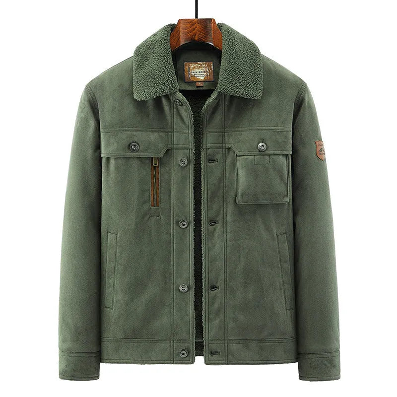 Men's deerskin jacket in khaki, front view, standard length 50cm, polyester fibre business formal coat