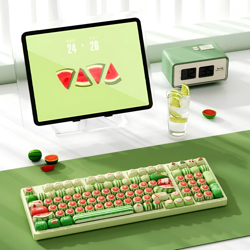 138 piece watermelon theme PBT keycap set with five-sided sublimation and small steamed bun profile for mechanical keyboards