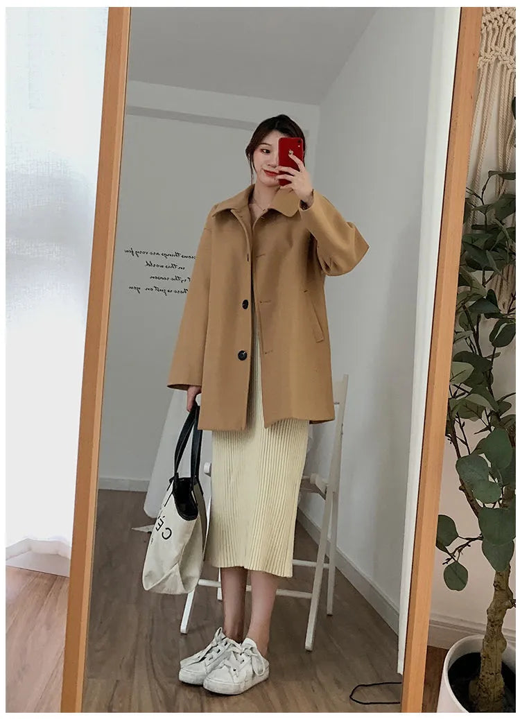 Women's Korean-style loose mid-length solid colour spandex blend overcoat, straight fit, long sleeve, available in khaki and black