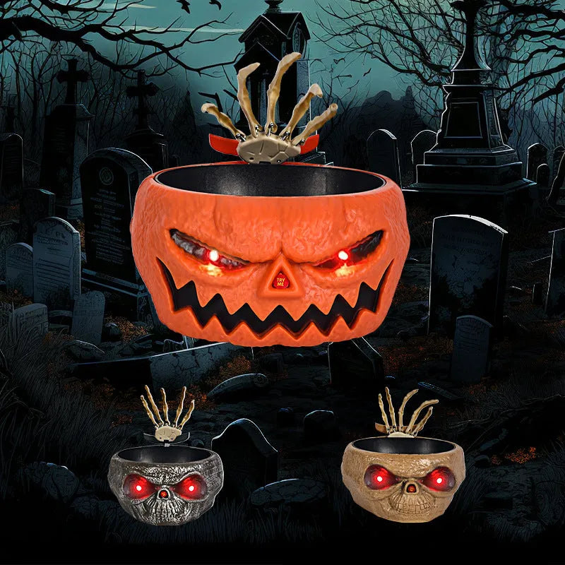 Plastic Halloween candy bowl with motion-activated skeleton hand and lighted red eyes, grey khaki or pumpkin colour