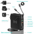 Black and white wireless charging power bank with folding UK plug and international travel adapters