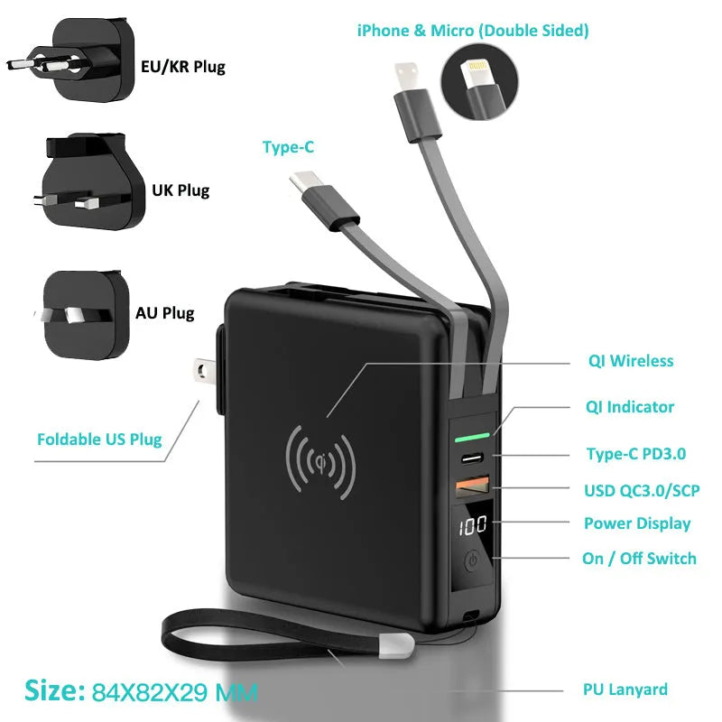 Black and white wireless charging power bank with folding UK plug and international travel adapters