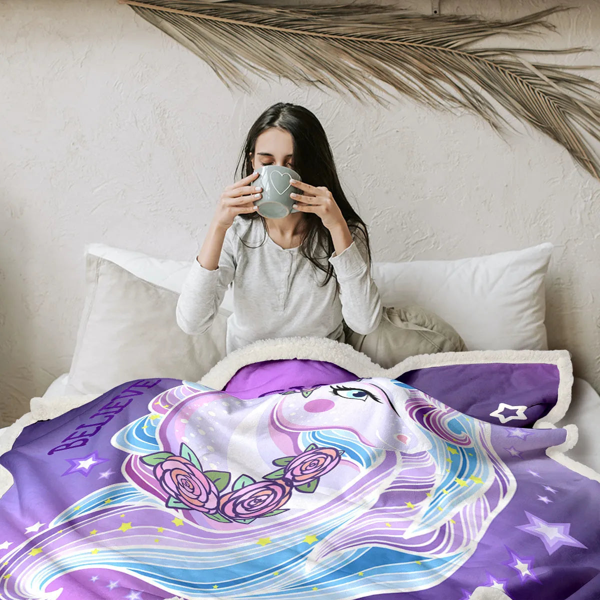 Purple unicorn themed sherpa fleece blanket with hemmed edges, 130x150cm, for sofa or camping