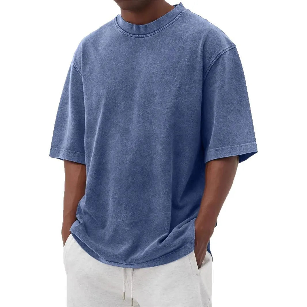 Men's loose stone-washed polyester pullover t-shirt in army green.