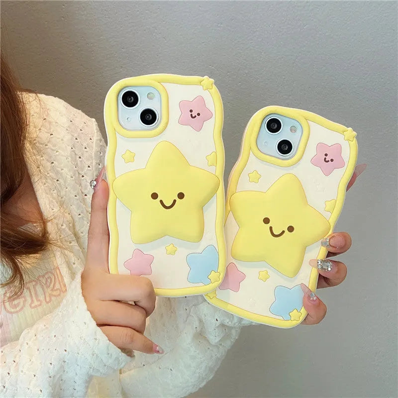 Yellow silicone phone case with smiley face design compatible with iPhone 12 to 15 series