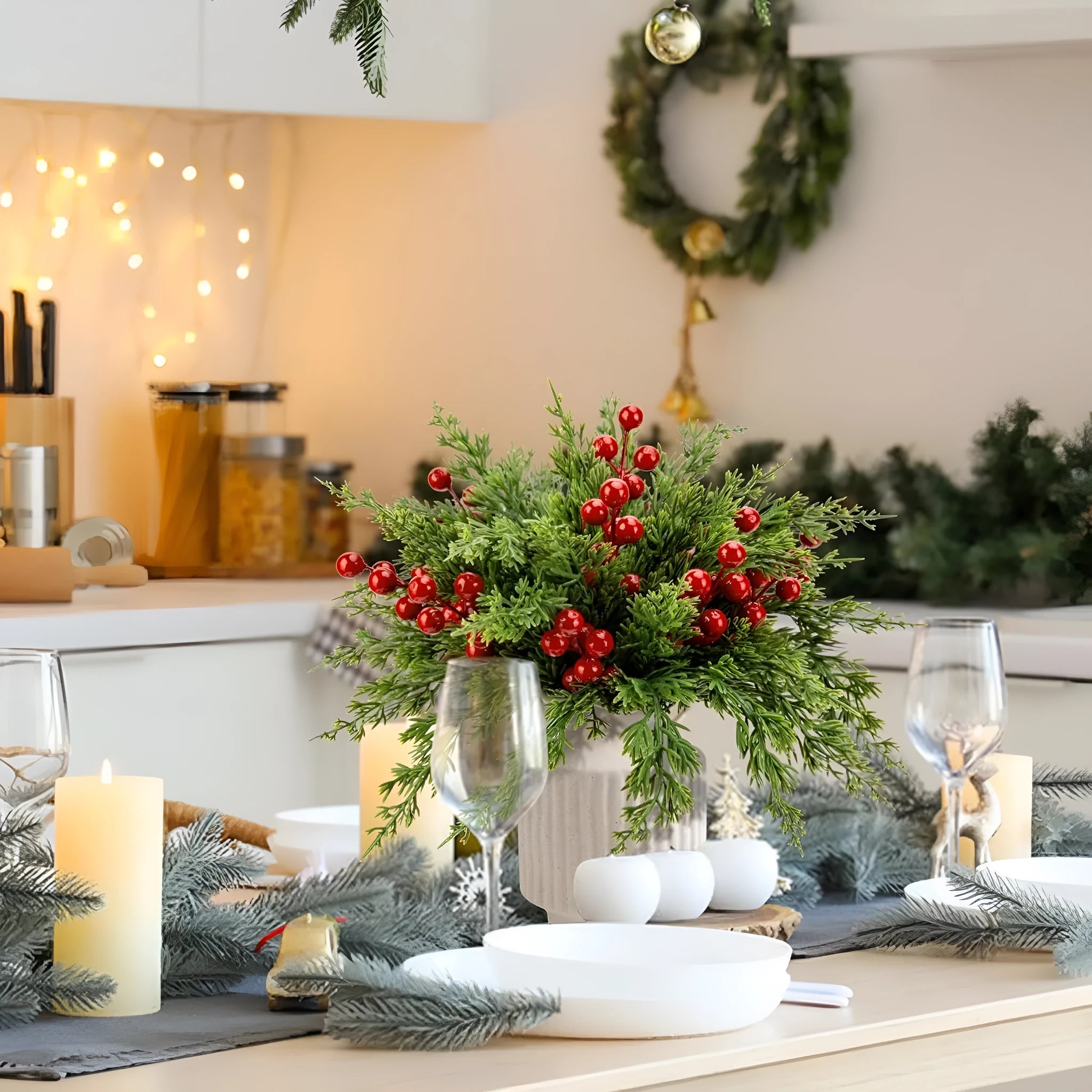45 piece plastic artificial pine cypress branches and red berries set for home decoration