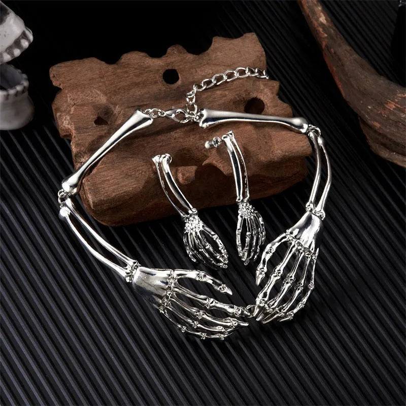 Dark style alloy skull and ghost claw necklace and earrings set for women with electroplated finish