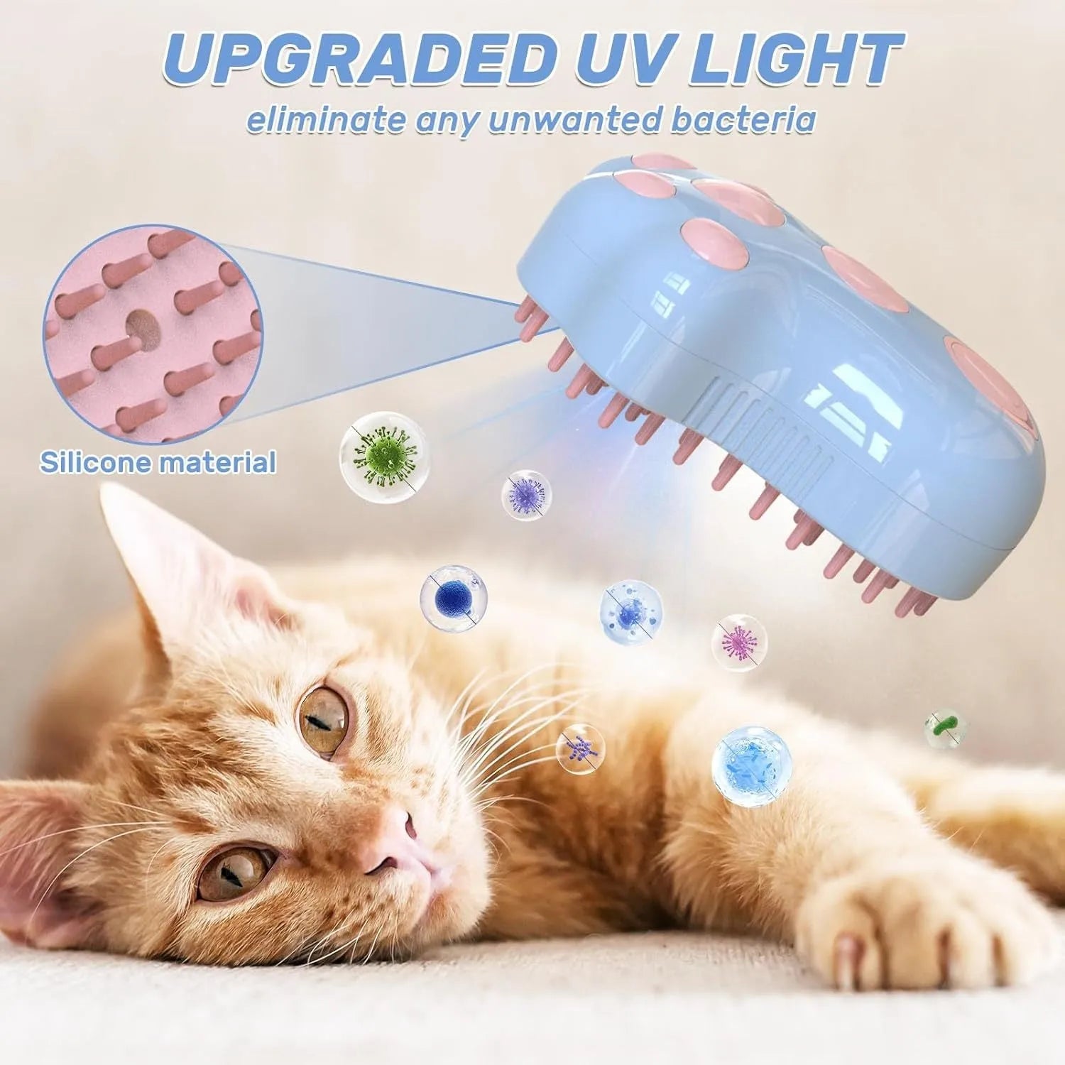 Self-cleaning cat steam brush with silicone bristles, spray nozzle, and release button in blue, green, or pink