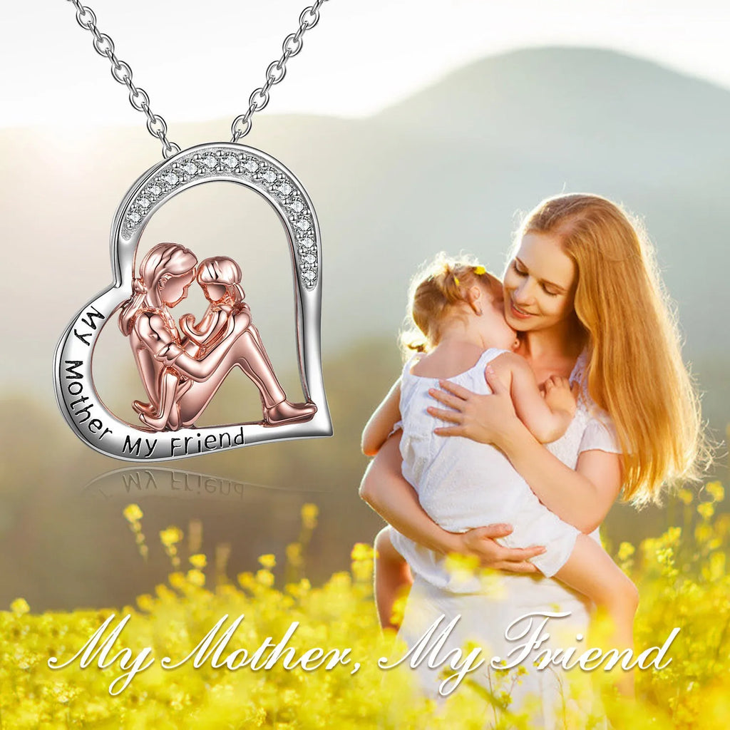 925 sterling silver mother daughter necklace with engraved heart pendant reading My Mother My Friend in silver colour