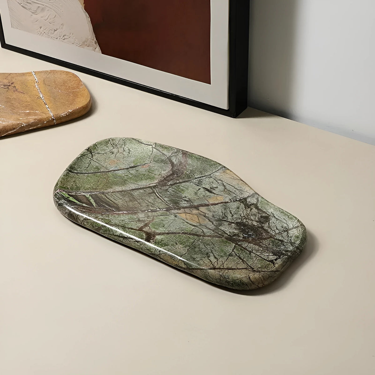 Natural marble irregular decorative tray in coffee colour on a wooden table, 33.5x19x1.6cm polished stone finish