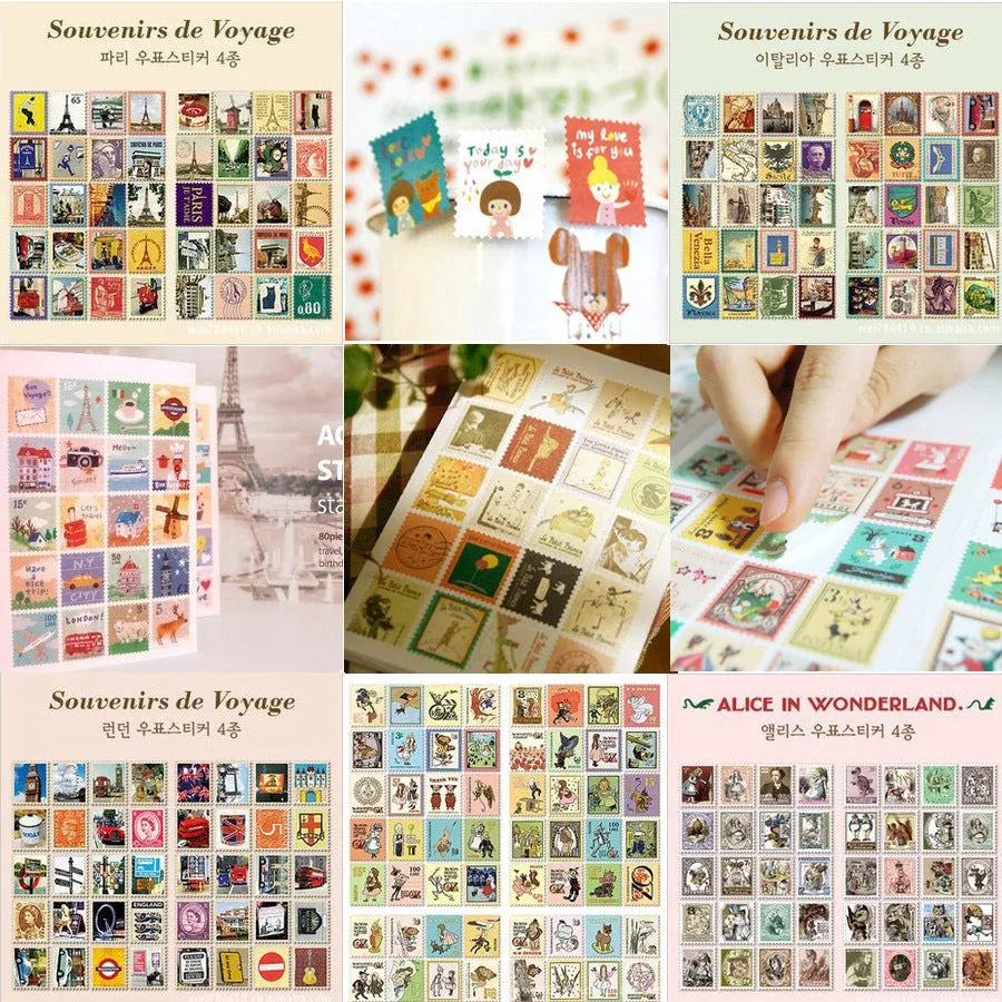 Hand painted stamp stickers 80 pieces with Paris London Italy printed designs for journal decoration