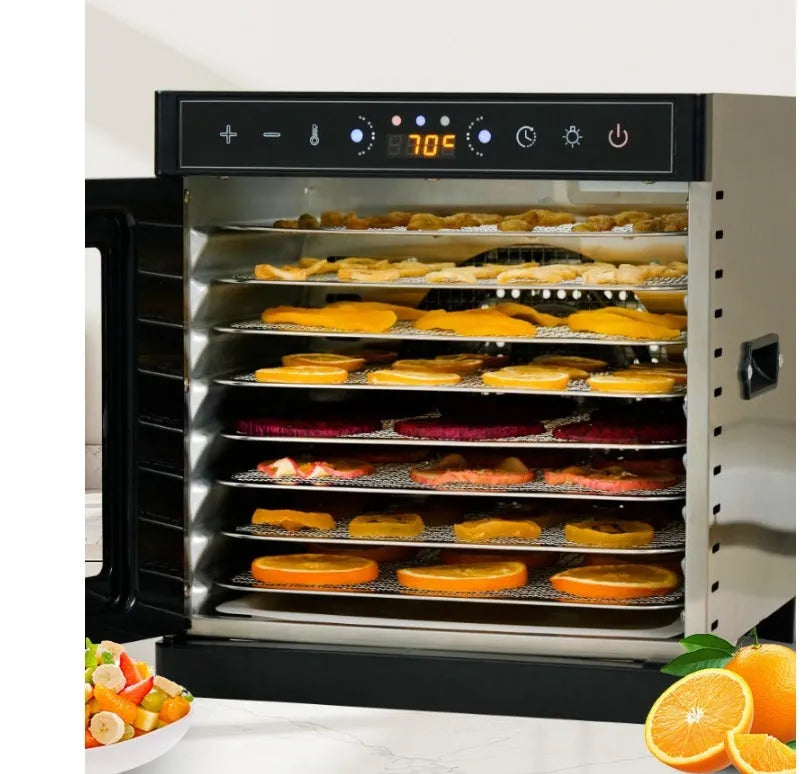 Stainless steel double-layer fruit dehydrator with LED control panel and multiple drying trays.
