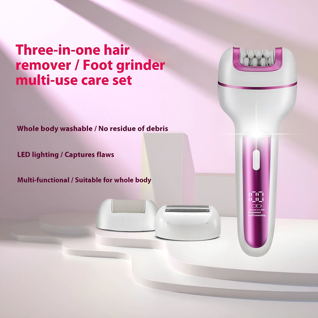Pink three-in-one ladies electric depilator and lady shaver with USB charging, ABS body, and foot grinder attachment