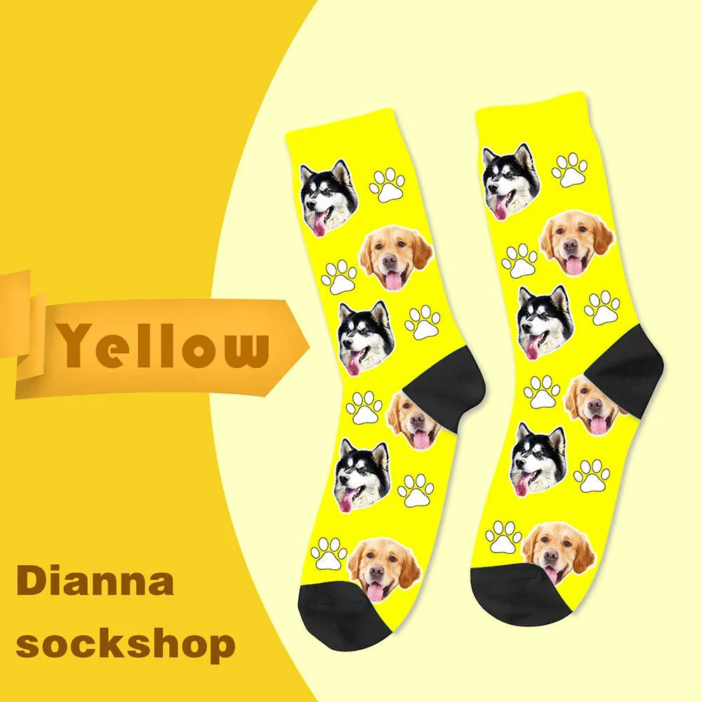 Customised mid-calf socks with a cartoon graphic print in various colours including blue, red, and white.