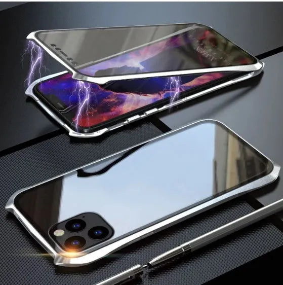 Glass magnetic king metal protective cover for iPhone 11 series in black, red, blue, and silver colours.