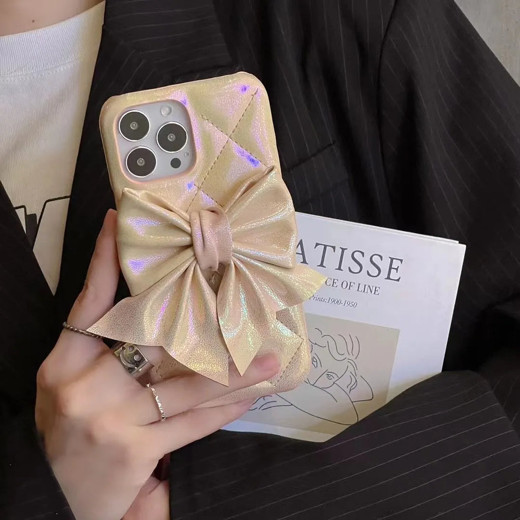 White bow phone case with fall protection, leather-style finish, compatible with iPhone 12-14 Pro Max