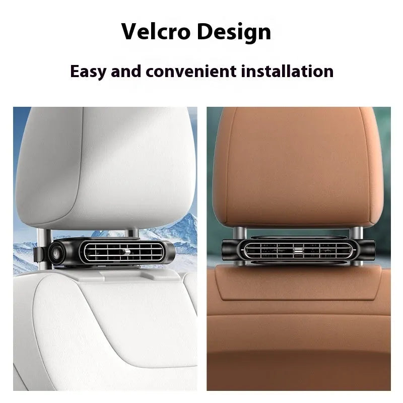 USB-powered car fan with velcro mount, shown in black, white, and beige colour options for vehicle seat use.