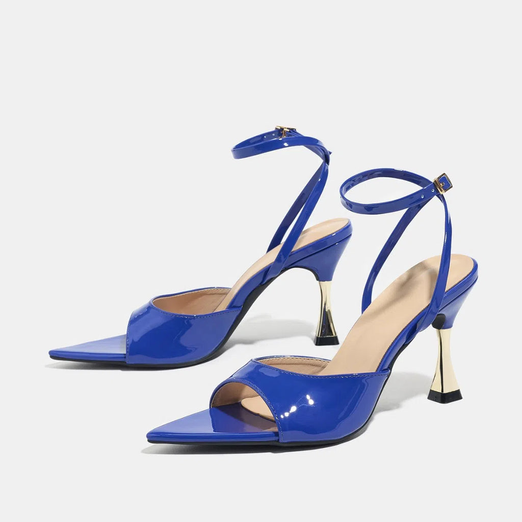 Patent leather single-band pointed stiletto high-heel sandals round toe in black artificial PU upper