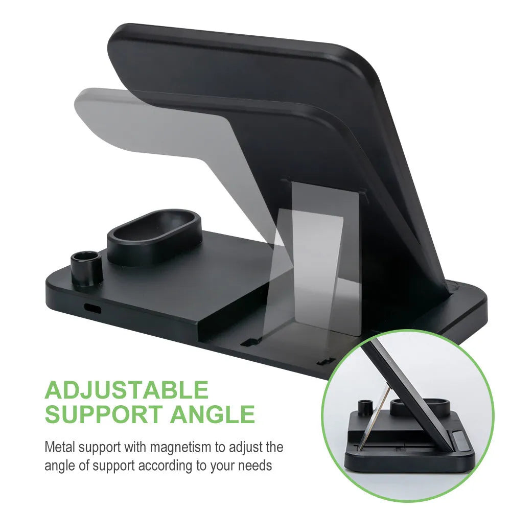 Folding 4-in-1 wireless charging stand in black showing smartphone charging vertically