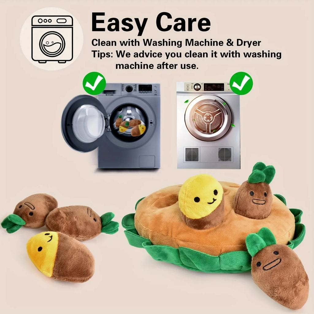 Yellow interactive dog puzzle feeding pad with removable squeaky plush toys on a floor.