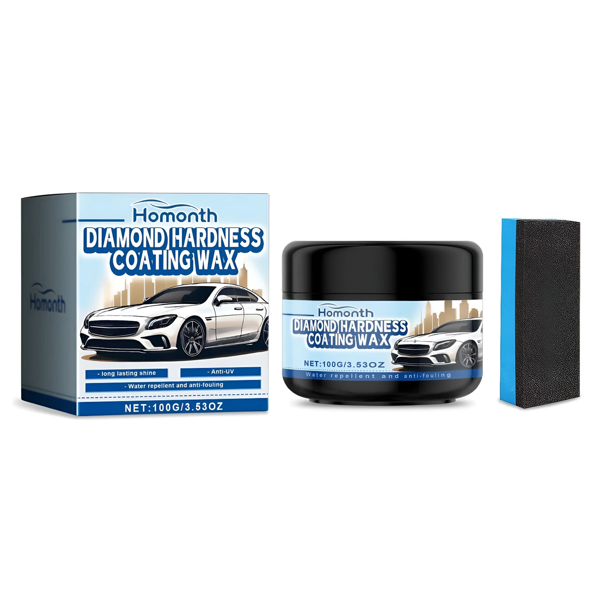 Diamond hardness coating wax PET bottle 6.5x4.9cm with 3x1.5x7cm sponge applicator for car polishing