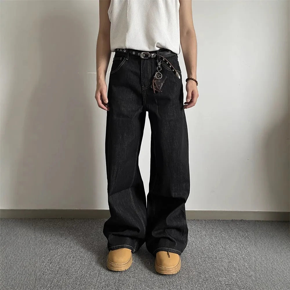 Black retro-style loose wide-leg straight-leg jeans with mid-waist design and zip placket closure