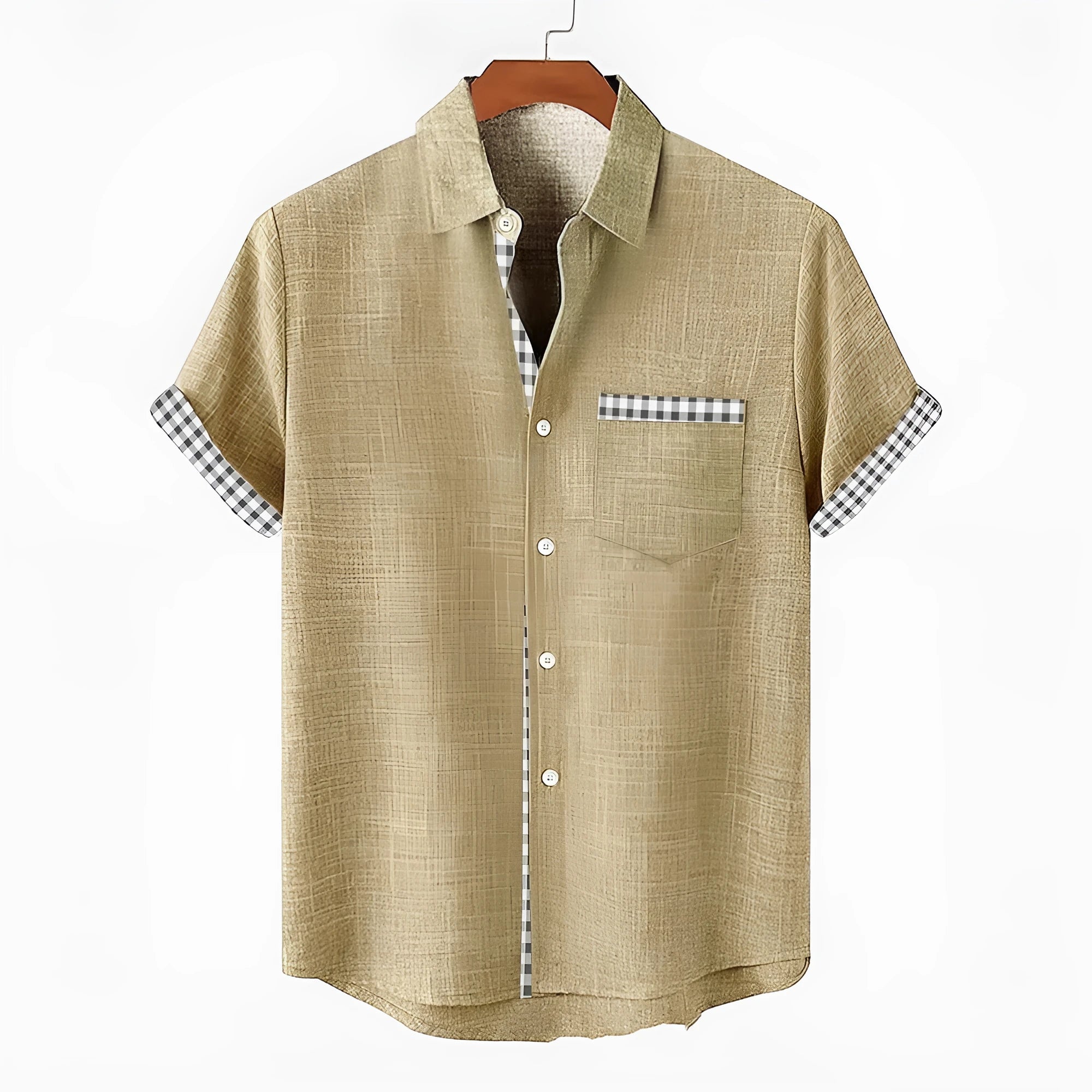 Loose-fit linen short-sleeved top with an ocean fish pattern embroidered on the lapel