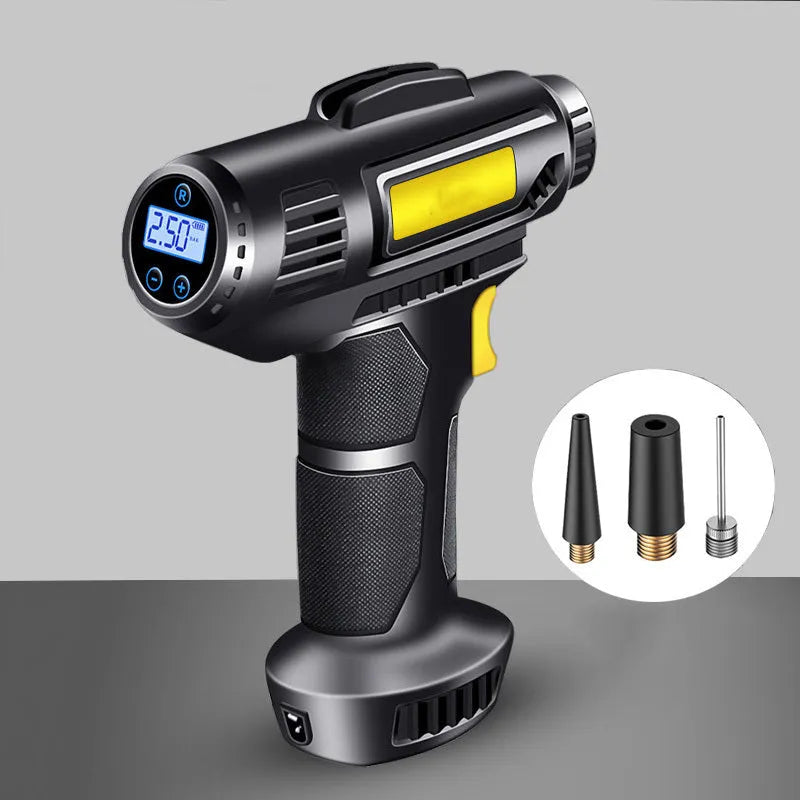 White plastic wireless electric tyre air pump with digital display, charging cable, and three air nozzles on a grey background.