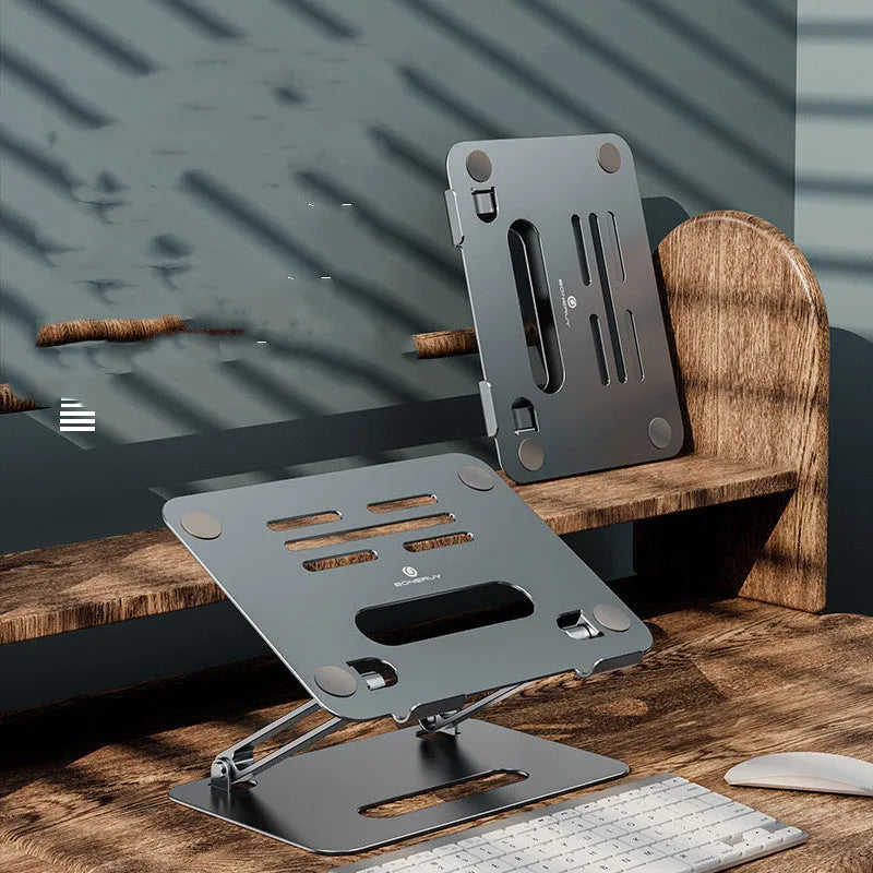 Gray silver aluminum alloy double-layer desktop computer stand with heat sink on a desk