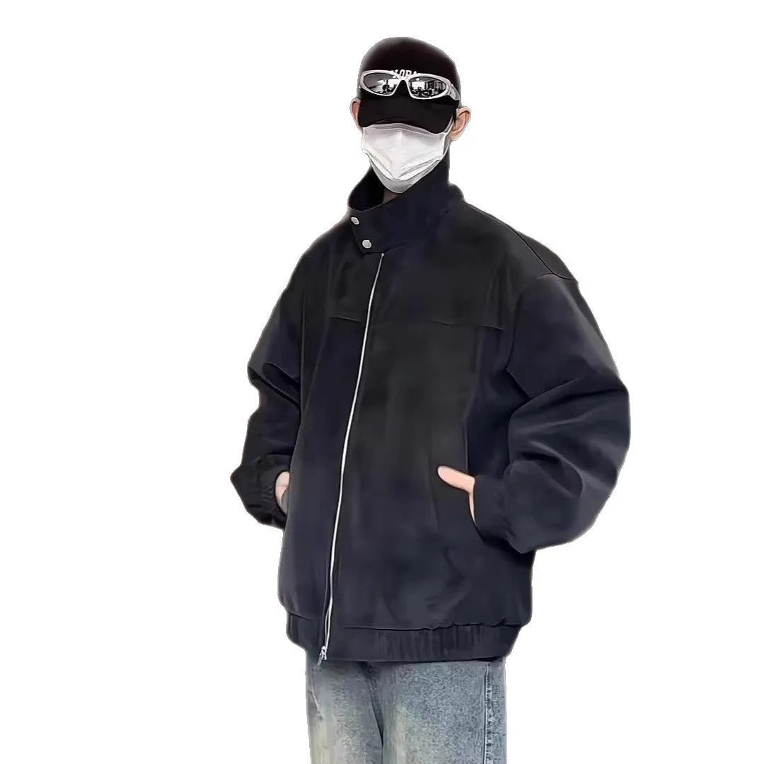 Grey tie-dye PU leather jacket with a stand collar and side pockets on a male model.