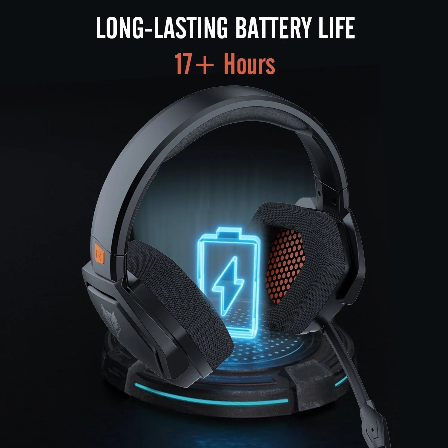 Black and orange wireless gaming headset with over-ear cups and a built-in microphone on a grey background.