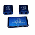 Metal three-piece car modification fastening clamp in assorted colours on a black background.