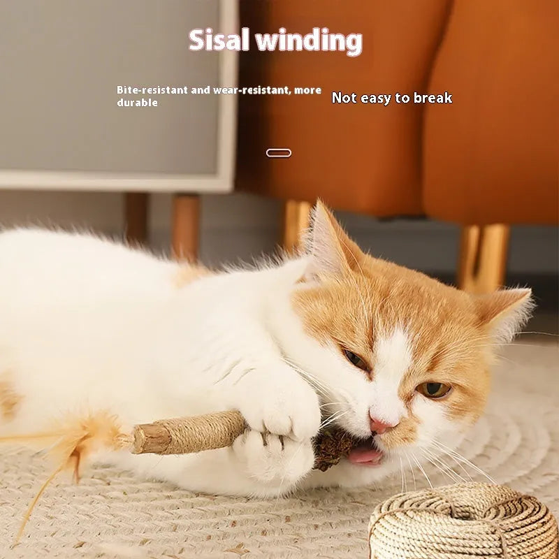 Natural wood cat teeth grinding rod with raffia materials and 2.2cm diameter for feline dental health