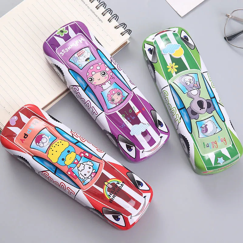 Tinplate metal stationery box with cartoon racing car design and double-layer compartments