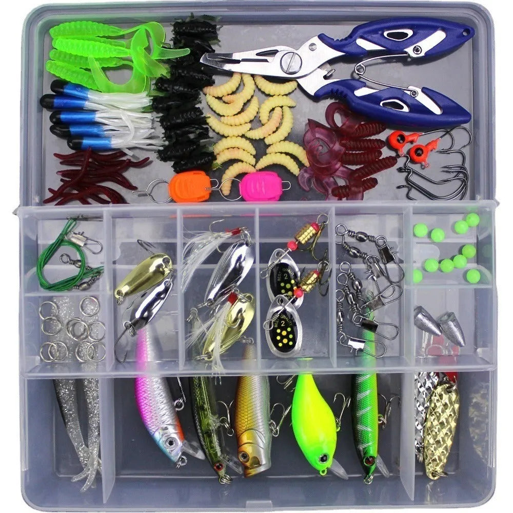 Fishing lure suit with PP plastic box containing multiple artificial baits in compartmentalised storage