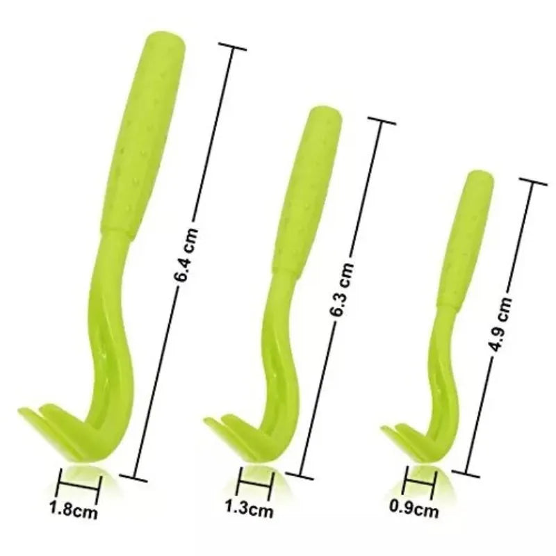 Three plastic tick removal clips in blue and green colours for pet grooming